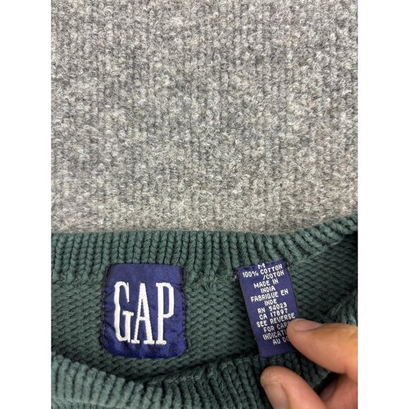 GAP Sweater Mens Medium Green Red Navy Blue Block Stripe Knit Pullover Cotton - Picture 2 of 5
